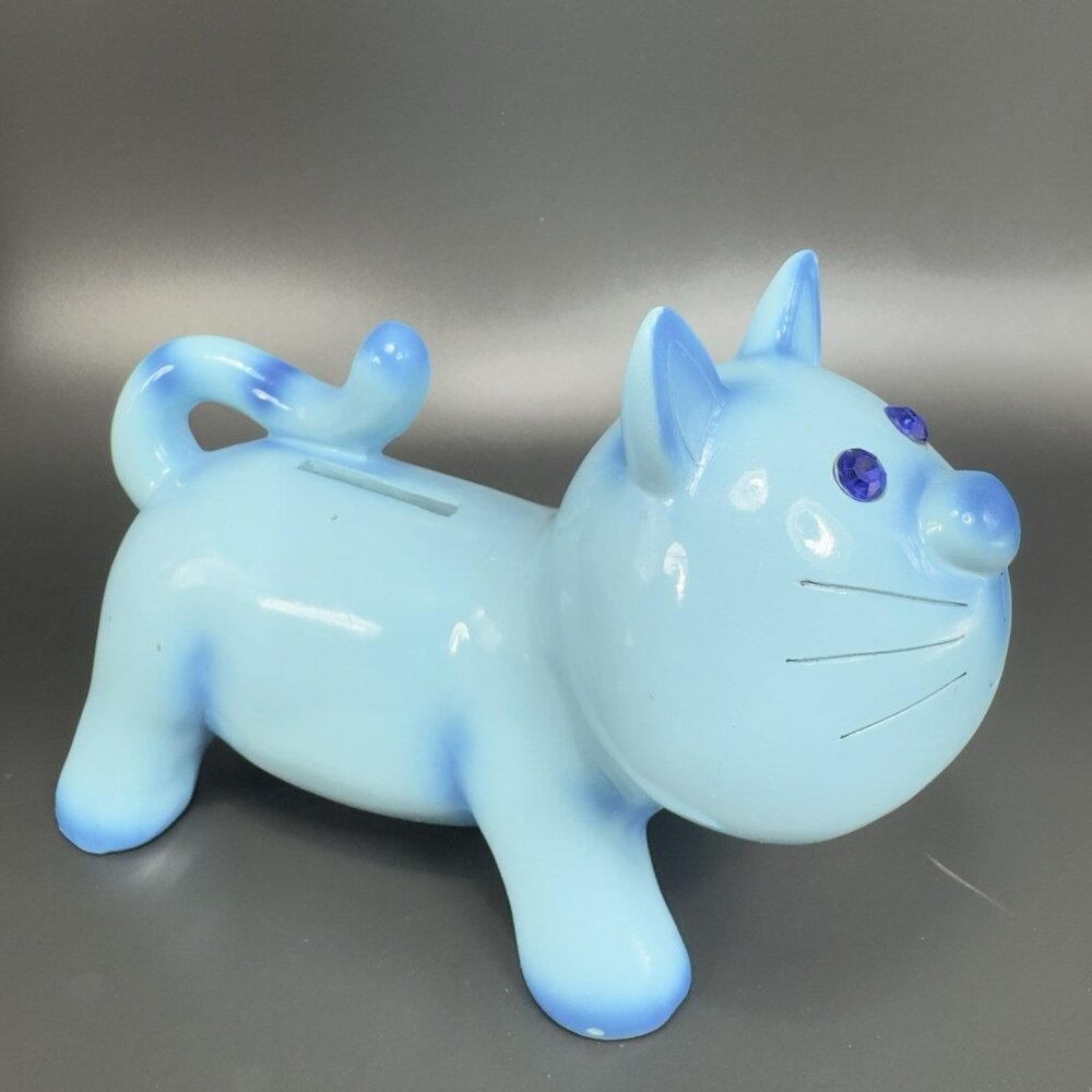 Vintage Kitch Ceramic Blue Kitty Cat Coin Bank Piggy Bank Jewel Eyes Whimsical